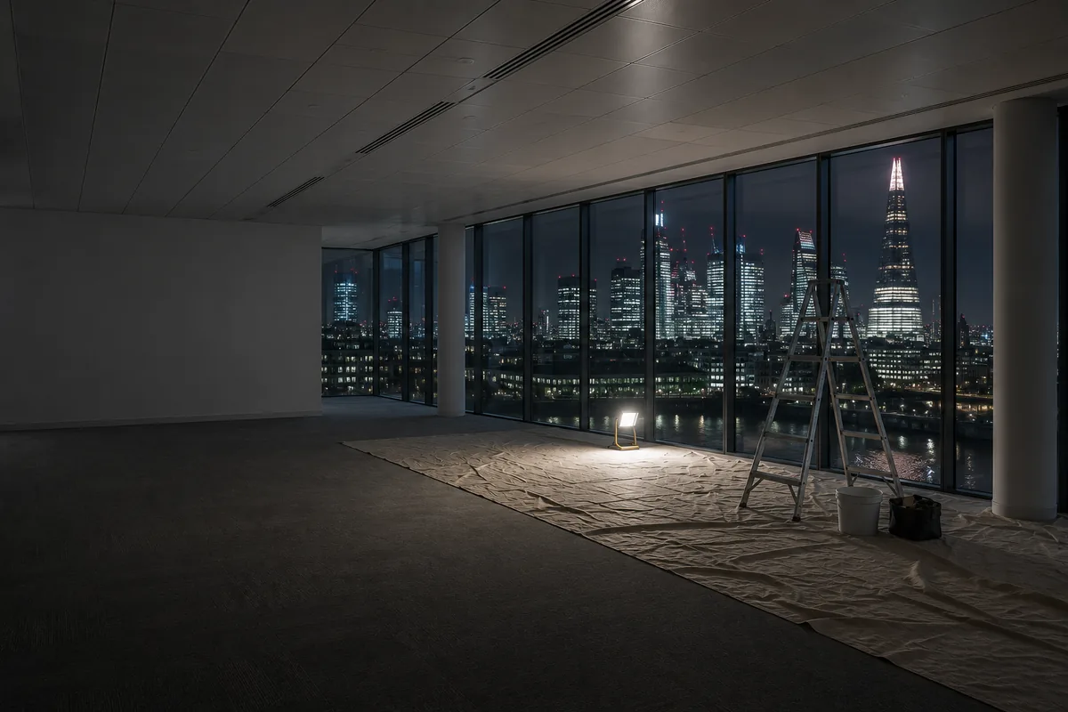 Cleaner at work on an open-plan office floor in London